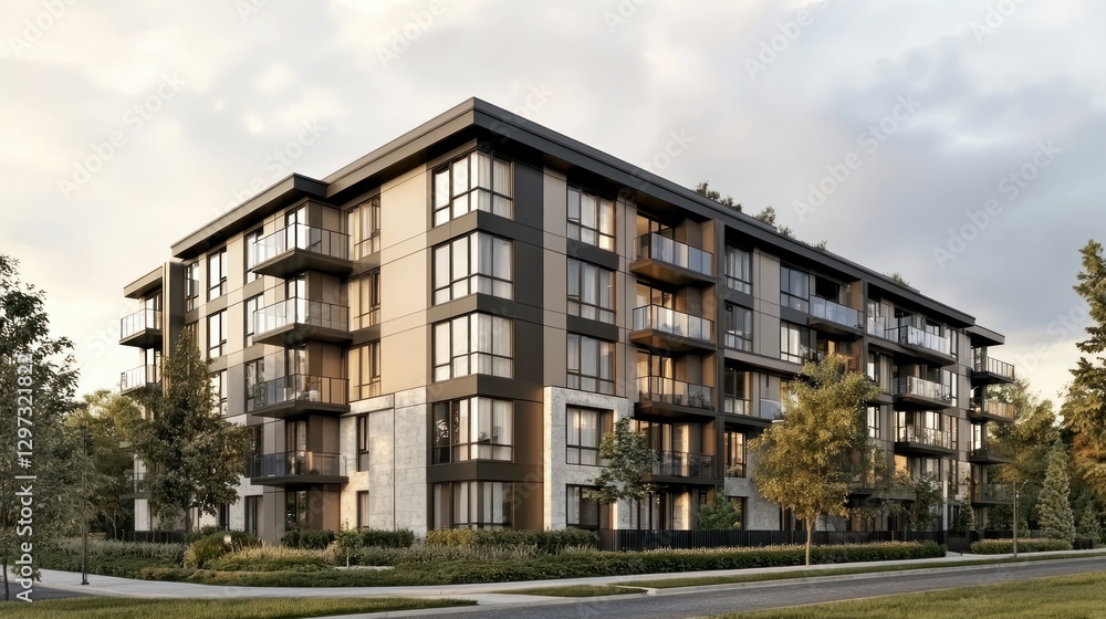 Modern apartment building with balconies and landscaping. Modern apartment building with balconies and landscaping.