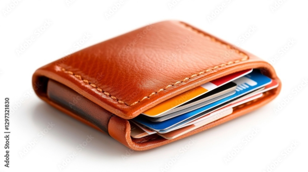 A Stylish Leather Wallet with Cards Sticking Out on a White Isolated Background. Generative AI A Stylish Leather Wallet with Cards Sticking Out on a White Isolated Background. Generative AI