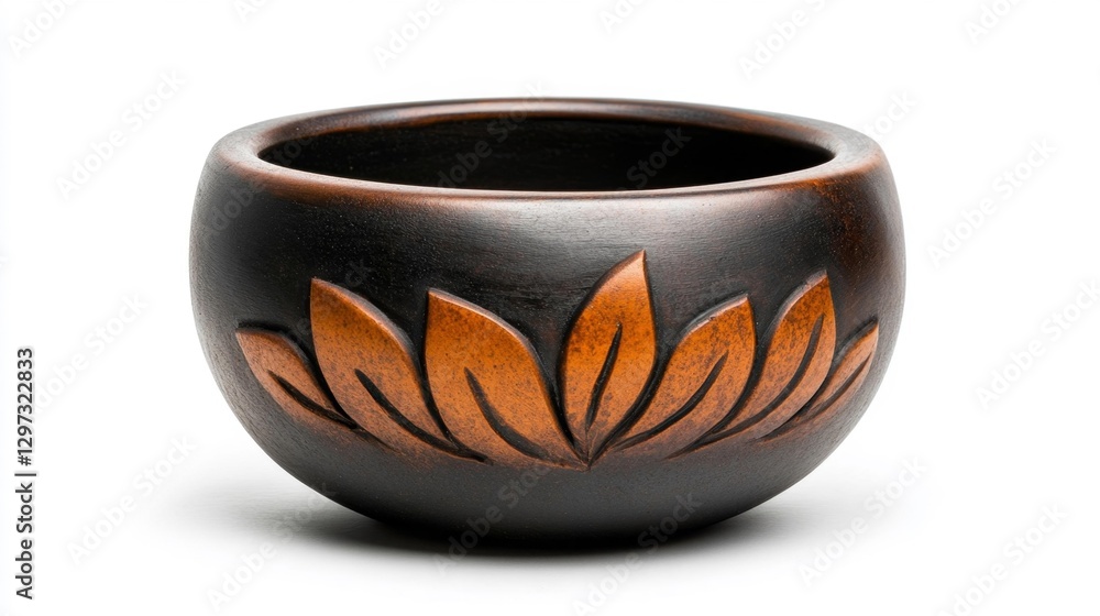 Stylish Pottery Bowl with Leaf Motif and Handcrafted Details Isolated on White. Generative AI Stylish Pottery Bowl with Leaf Motif and Handcrafted Details Isolated on White. Generative AI