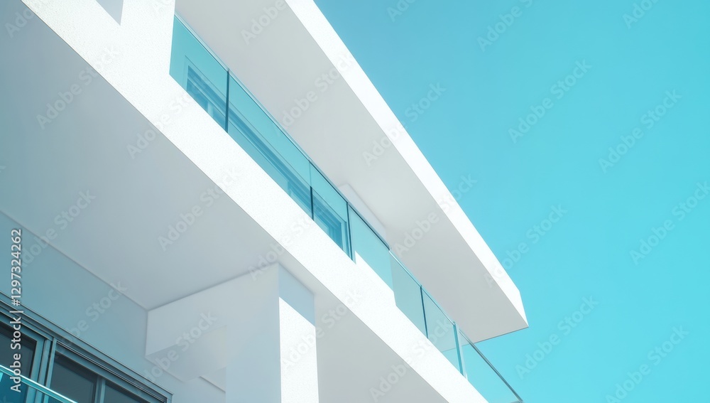 Fototapeta premium Modern apartment building with a white exterior and balconies, on a sunny day with a clear sky The close-up view focuses sharply on the balcony railings and windows, with bright daylight Generative AI