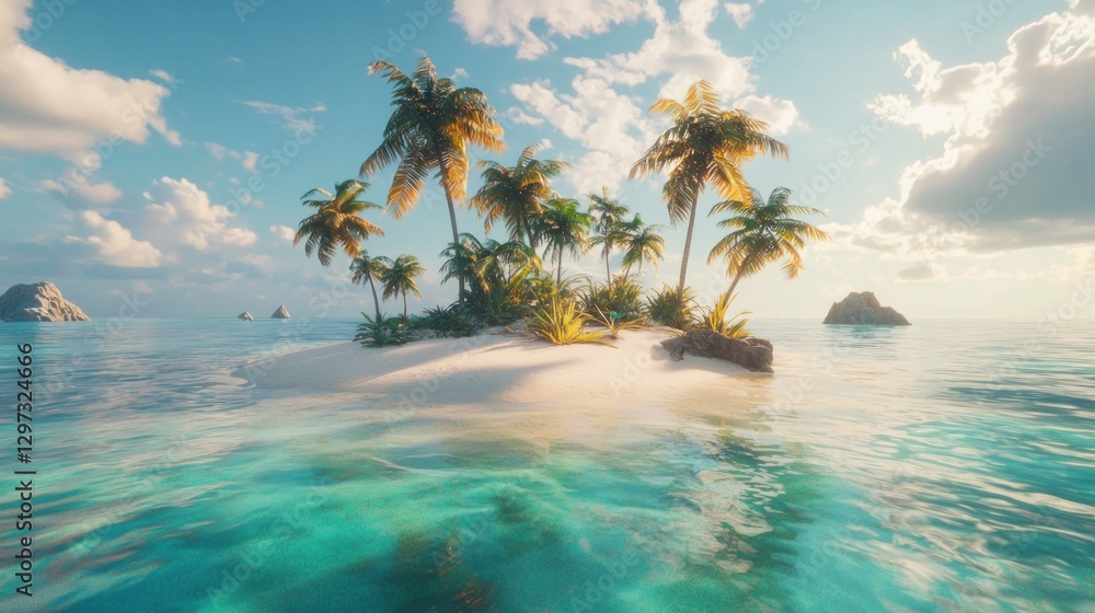 Tropical island paradise with palm trees, white sand beach, and turquoise ocean. Tropical island paradise with palm trees, white sand beach, and turquoise ocean.