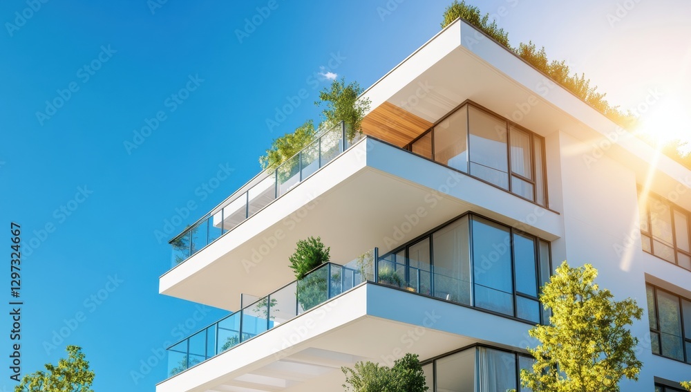 Fototapeta premium Modern white apartment building with balconies and sunlight, real estate concept Generative AI