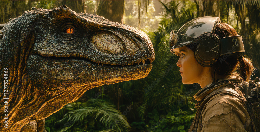 Adventurous time traveler encounters dinosaur in prehistoric jungle setting for fantasy exploration theme