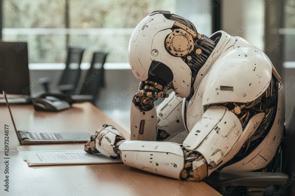 Ai robot sitting at desk thinking with laptop and documents in futuristic office environment