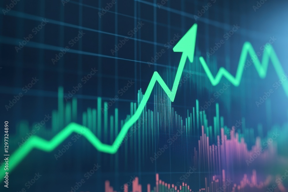 Naklejka premium Green arrow indicates upward trend on financial market graph showing positive growth performance