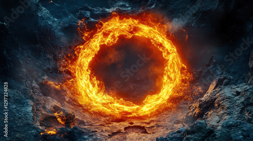 Obraz na płótnie Fiery ring of flames emanating intense heat amidst darkened rocky landscape and misty atmosphere w salonie