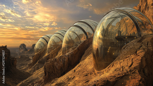 Futuristic glass domes nestled in a rocky desert landscape at sunset with majestic clouds and illuminated interiors creating a mystical ambiance