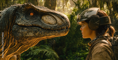 Obraz na płótnie Adventurous time traveler encounters dinosaur in prehistoric jungle setting for fantasy exploration theme w salonie