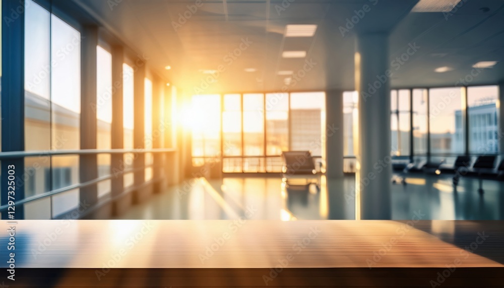 Defocused Morning sunlight streams through windows in a modern gym with wooden flooring Defocused Morning sunlight streams through windows in a modern gym with wooden flooring