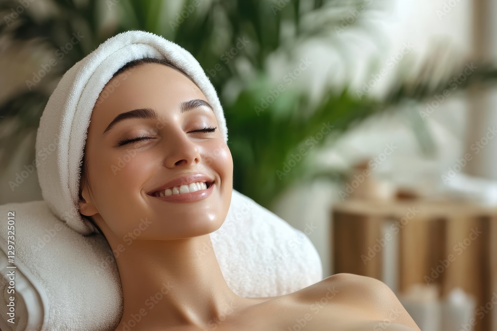 Happy woman enjoying a relaxing moment in a modern spa salon with a minimalist design Happy woman enjoying a relaxing moment in a modern spa salon with a minimalist design