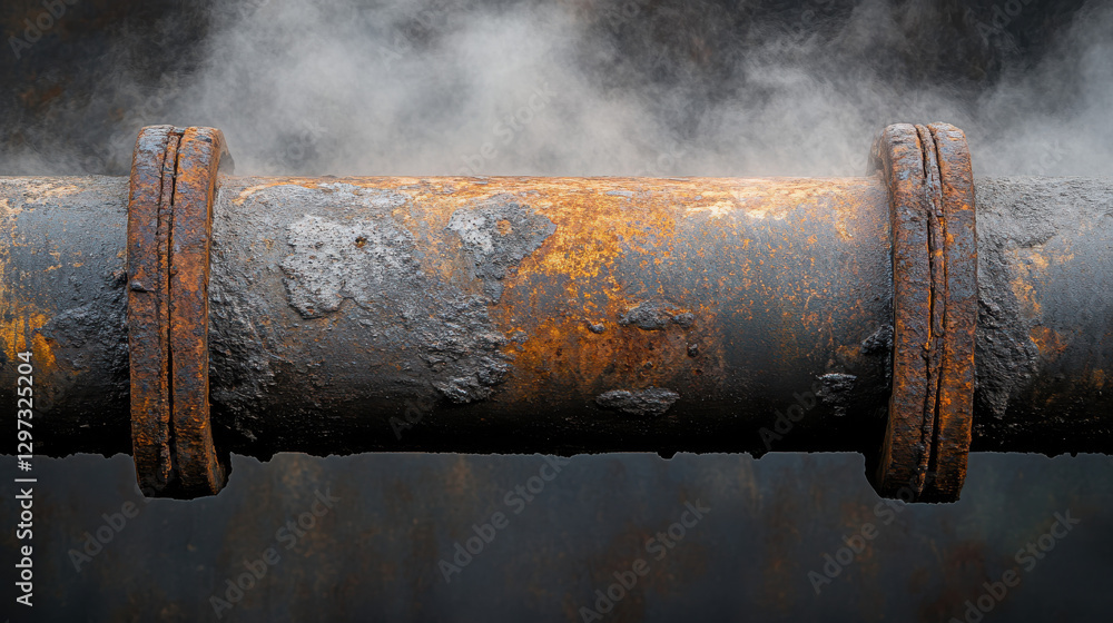 A close-up of an aged factory pipe releasing a dense cloud of pollutants, set against a muted, monochromatic backdrop A close-up of an aged factory pipe releasing a dense cloud of pollutants, set against a muted, monochromatic backdrop
