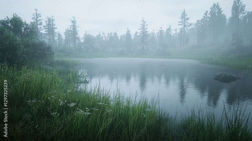 Misty morning lake in a tranquil forest. Misty morning lake in a tranquil forest.