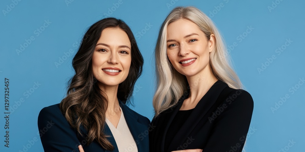 Two Business Women Smiling Against Blue Background Two Business Women Smiling Against Blue Background