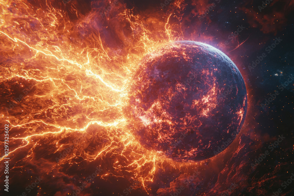 Obraz premium Fiery cosmic event depicts a planet engulfed in intense plasma and electrical discharges.