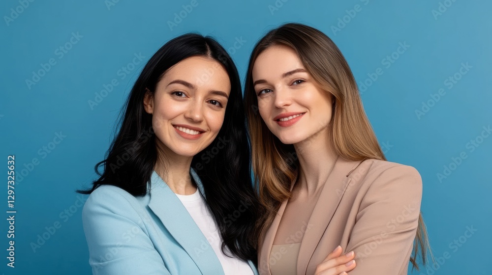 Two women smiling, studio portrait, confident. Possible use business, social media Two women smiling, studio portrait, confident. Possible use business, social media