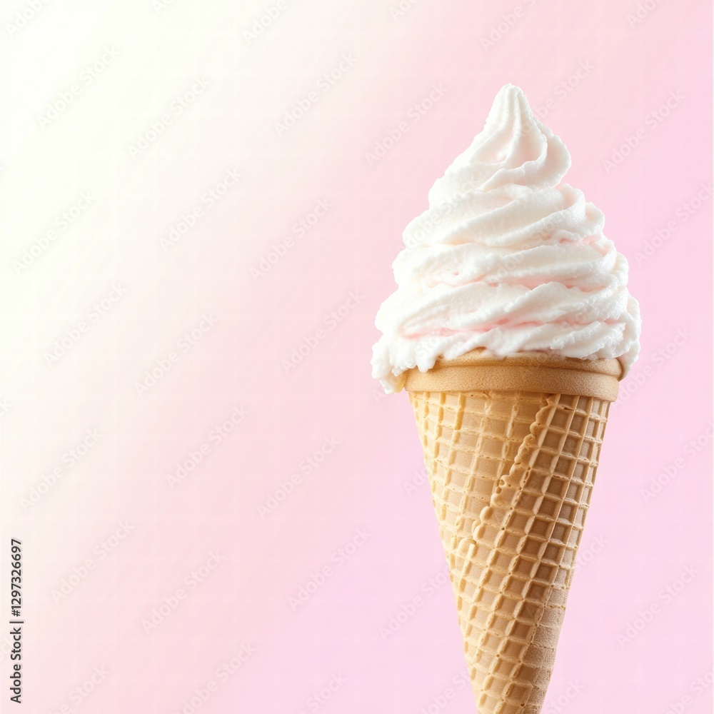 Indulging in soft serve ice cream cone against a pastel pink background during a warm sunny day. Generative AI Indulging in soft serve ice cream cone against a pastel pink background during a warm sunny day. Generative AI
