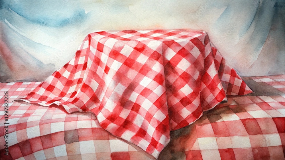 Obraz premium Watercolor painting of checkered red and white tablecloth