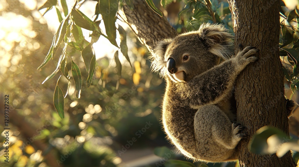 Fototapeta premium Koala resting in eucalyptus tree at sunset.