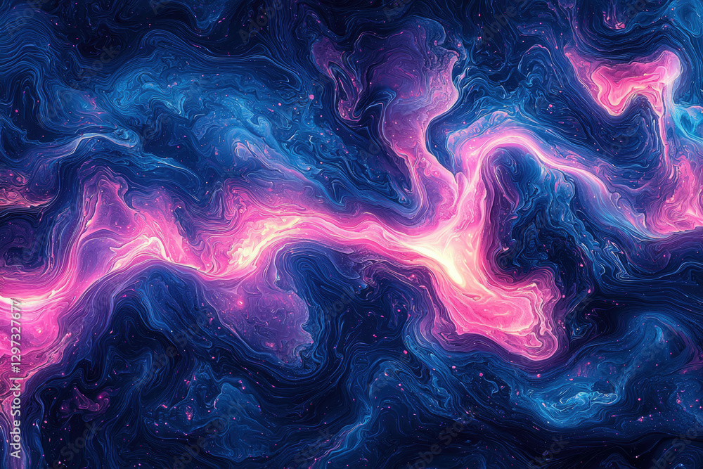 Abstract cosmic swirls of blue, pink, and purple create a mesmerizing nebula-like painting. Abstract cosmic swirls of blue, pink, and purple create a mesmerizing nebula-like painting.