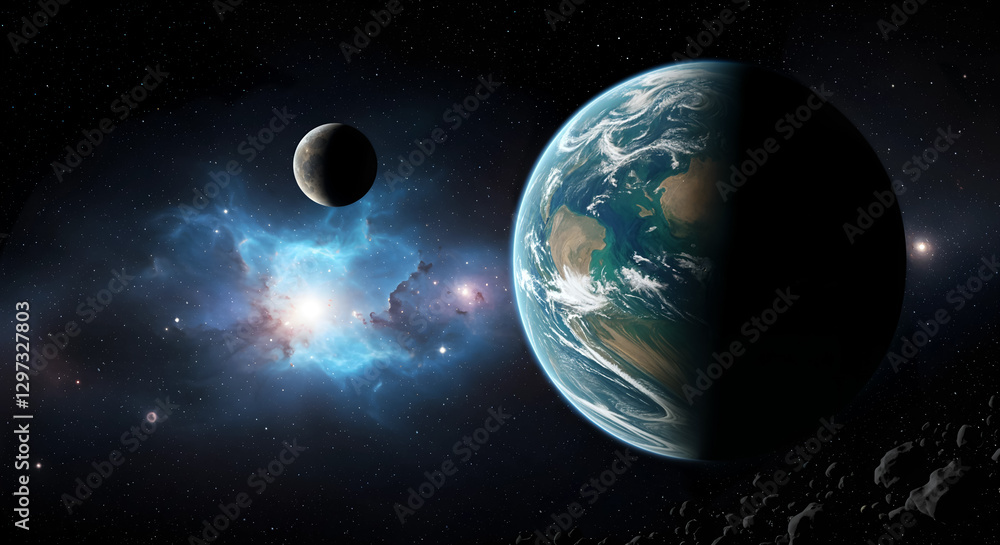 Naklejka premium Exoplanet Earth-like Planet, Nebula, and Moon in Deep Space - Asteroid Field