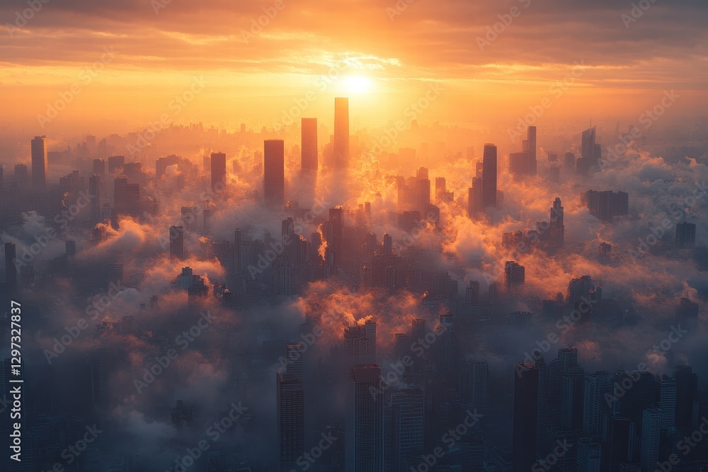 Fototapeta premium Urban skyline at sunrise surrounded by haze and pollution