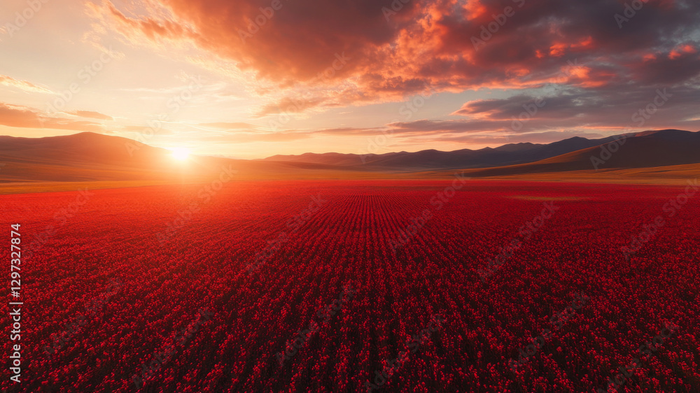 Fototapeta premium Vast Red Flower Field Under a Stunning Sunset Sky with Mountains in the Distance