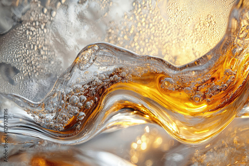 Abstract close-up of amber liquid swirling with bubbles in a glass, illuminated by golden light.