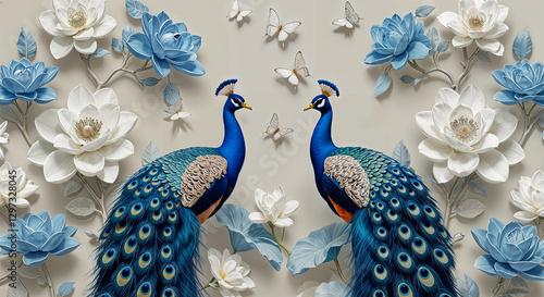 Elegant Peacock Pair & Floral Wallpaper: 3D Blue White Lotus, Butterflies - Nature Art