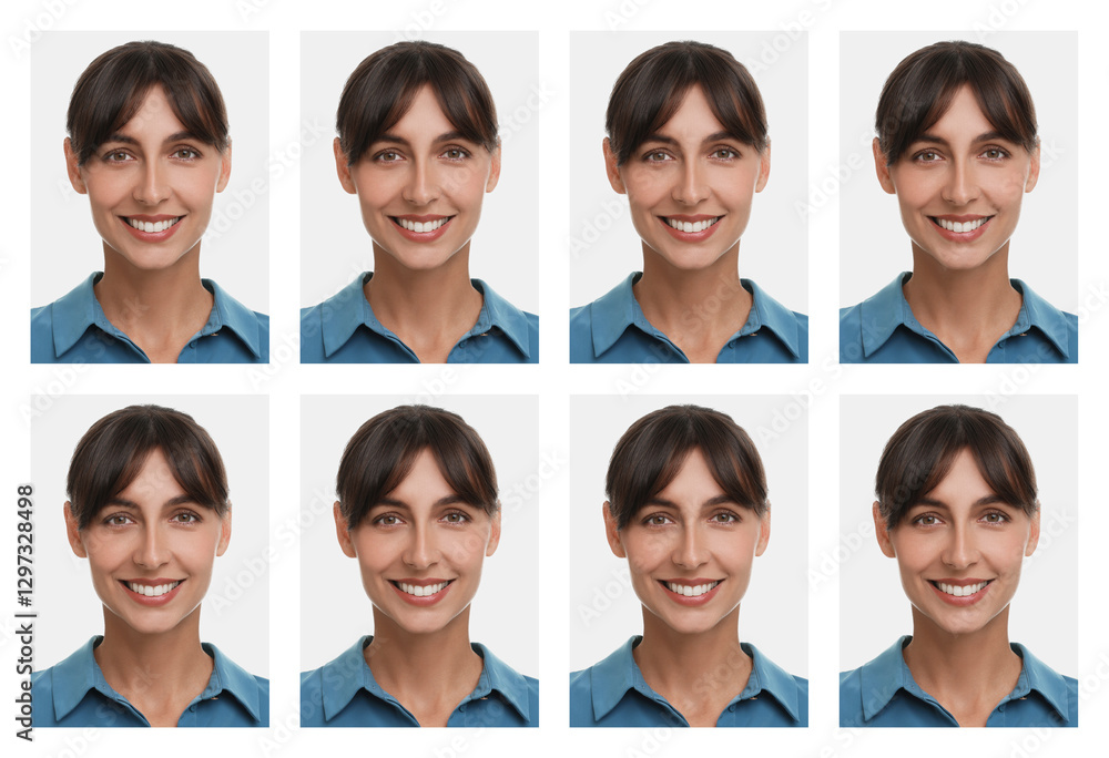Photo of woman for passport or other document on white background, set Photo of woman for passport or other document on white background, set