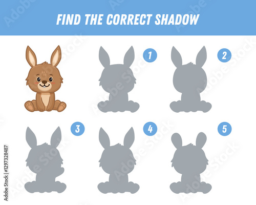 Find correct shadow of cute cartoon bunny. Educational logical game for kids. Funny rabbit. Funny animal. Vector illustration