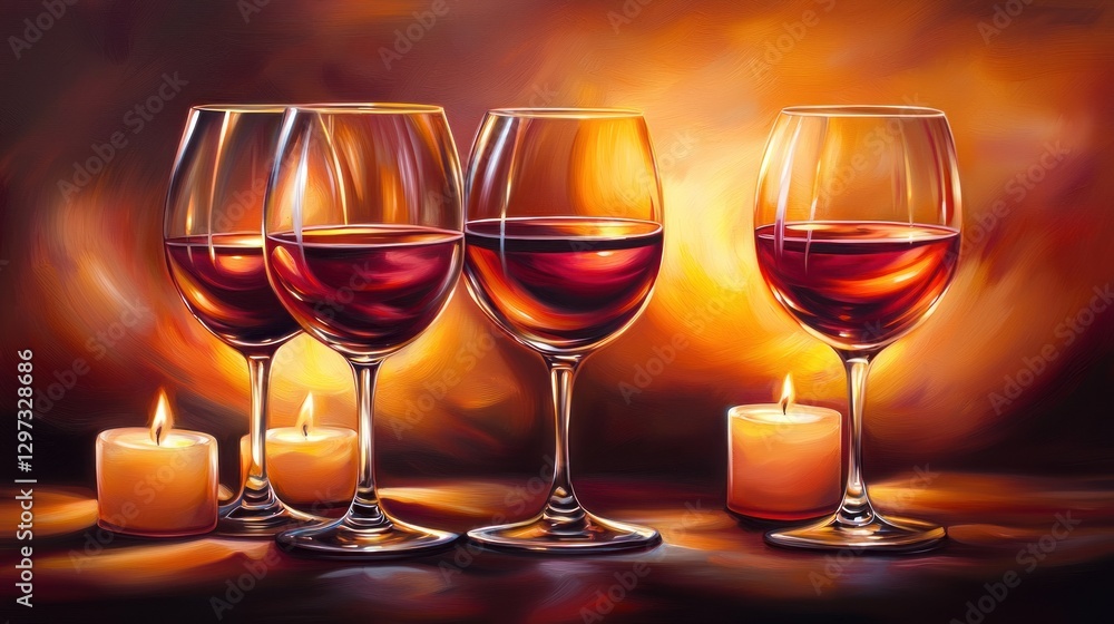 Four wine glasses with red wine and candles. Four wine glasses with red wine and candles.