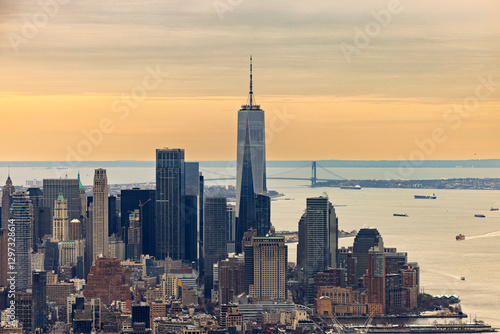 A landscape view of Lower Manhattan in New York City with One World Trade Center in the background.