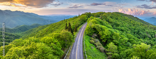 Tableau sur toile Evening mountain landscape of forest road in North Carolina Appalachians, USA
