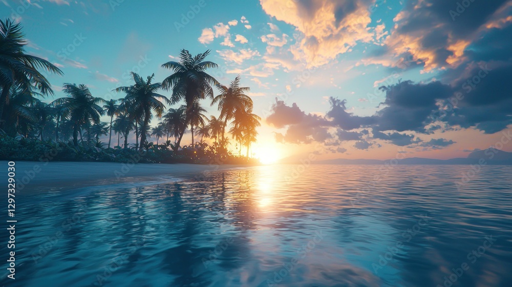 Tropical sunset beach scene with palm trees. Tropical sunset beach scene with palm trees.