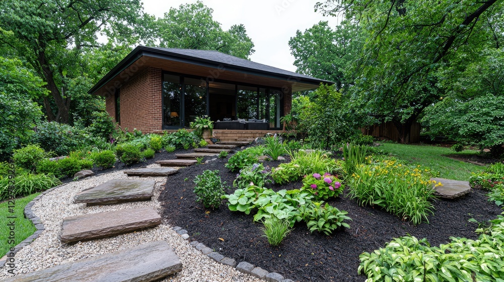 Modern brick house garden, landscaped yard, stone path Modern brick house garden, landscaped yard, stone path