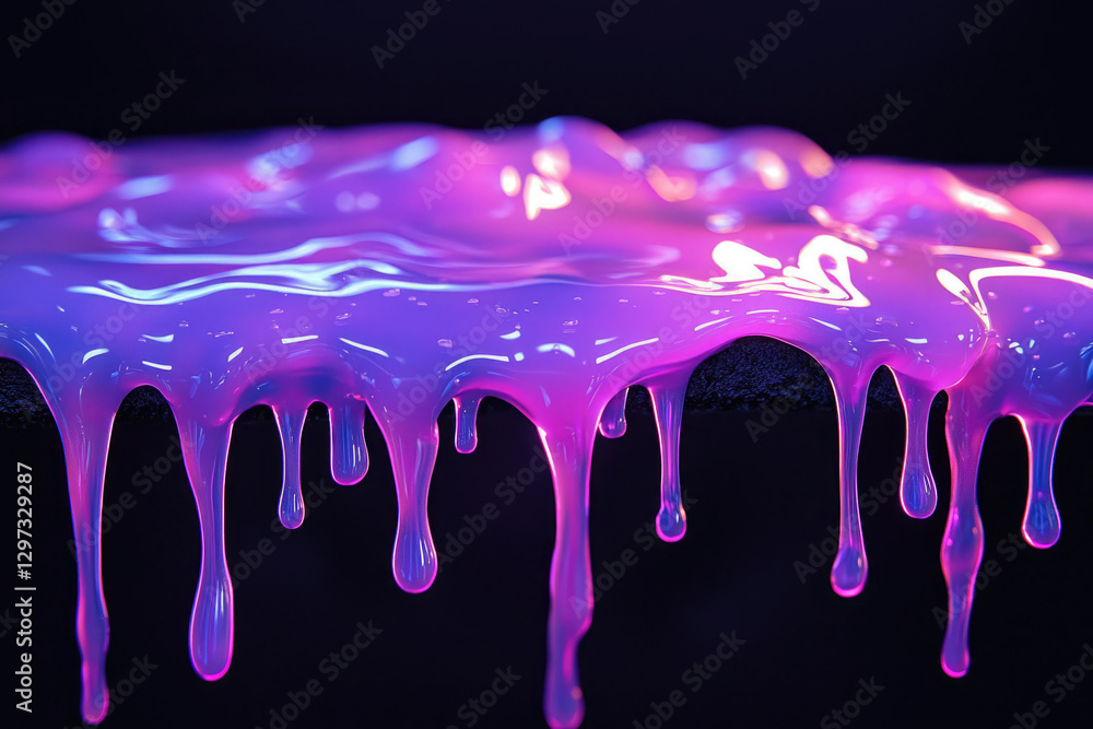 Glowing purple liquid dripping down, vibrant, dark background, abstract art. Glowing purple liquid dripping down, vibrant, dark background, abstract art.