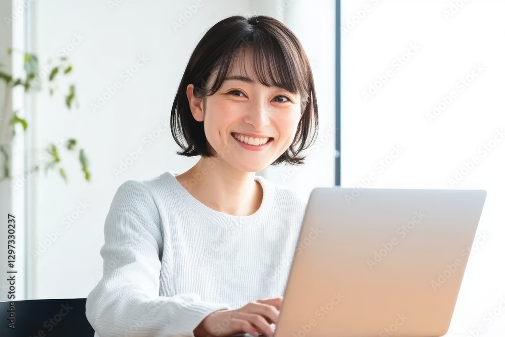 Woman working on laptop in a bright interior Woman working on laptop in a bright interior
