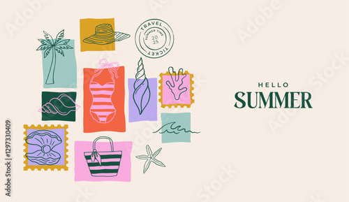 Summer backgrounds, pattern, cards, banner templates. Hand drawn modern illustrations, doodles with sea shells, surf boards, beach chair, swimsuit and flip flops elements