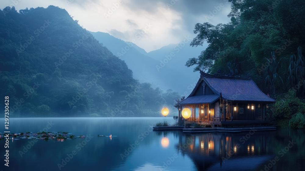 Naklejka premium Serene Lakeside House at Dusk: Tranquil Asian-Style Retreat