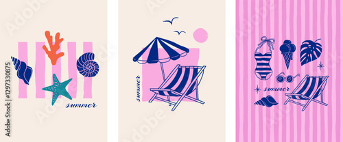 Summer backgrounds, pattern, cards, banner templates. Hand drawn modern illustrations, doodles with sea shells, surf boards, beach chair, swimsuit and flip flops elements