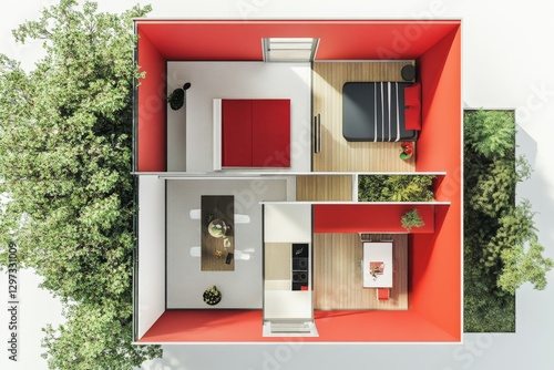 Tiny home floor plan, red accents, trees surrounding, interior design concept photo