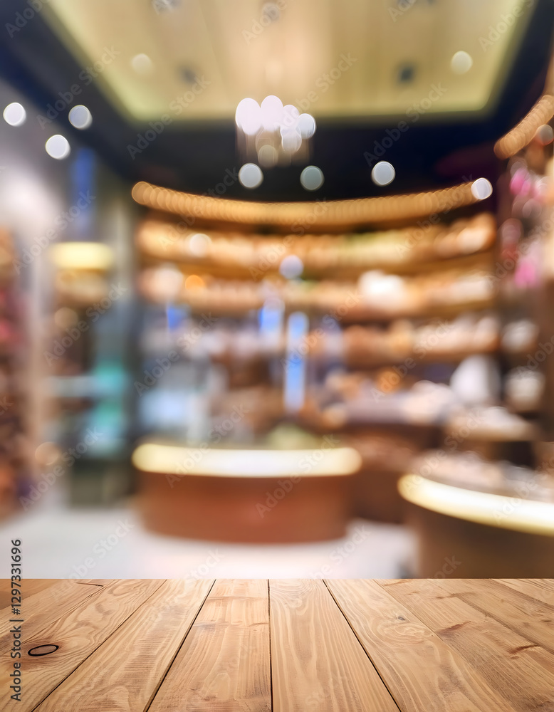 A wooden table in the foreground with a blurred background of a brightly lit, modern store interior, showcasing various products on shelves and displays A wooden table in the foreground with a blurred background of a brightly lit, modern store interior, showcasing various products on shelves and displays