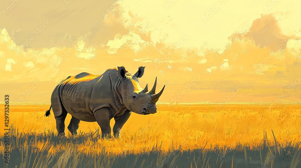Fototapeta premium Rhino in golden savanna at sunset.