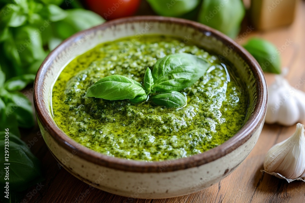Fresh basil pesto sauce with garlic and olive oil in rustic bowl Fresh basil pesto sauce with garlic and olive oil in rustic bowl