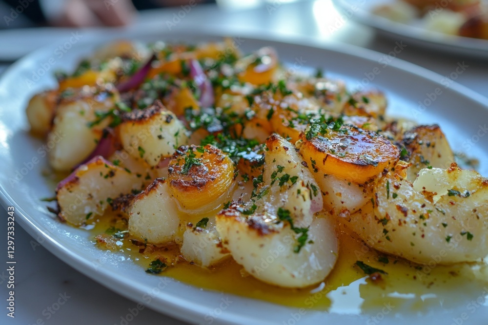 Delicious roasted potatoes with herbs and spices on a white plate Delicious roasted potatoes with herbs and spices on a white plate