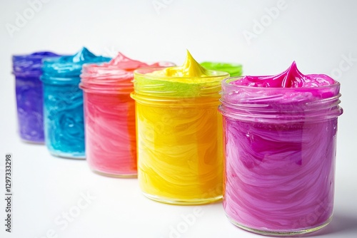 Colorful swirls of vibrant acrylic paint in jars on white background