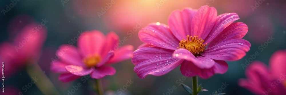 Close-up cosmos blooms, dew drops, soft light, nature, gentle Close-up cosmos blooms, dew drops, soft light, nature, gentle