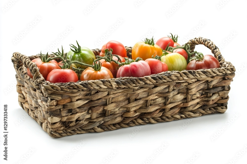 Colorful heirloom tomatoes in woven basket displaying fresh harvest Colorful heirloom tomatoes in woven basket displaying fresh harvest