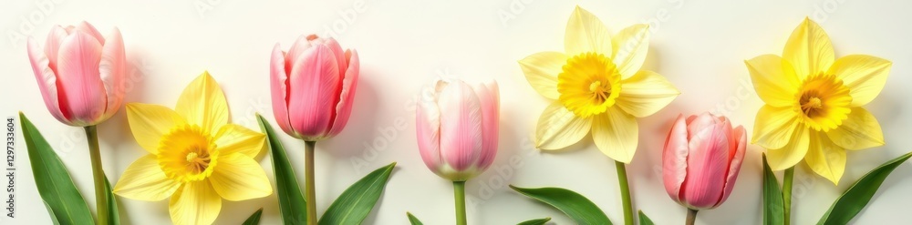 Delicate tulips & daffodils on textured cream paper , bloom, close-up Delicate tulips & daffodils on textured cream paper , bloom, close-up