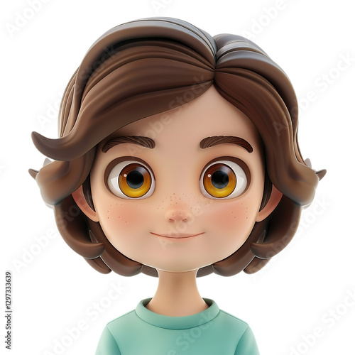 3D Cute Girl Portrait in Green shirt on Transparent Background